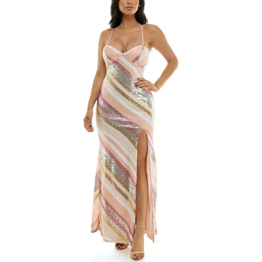 Diagonal stripe sequined gown